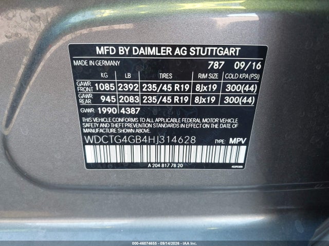 2017 Mercedes-benz Gla 250 4matic მანქანა იყიდება აუქციონზე, vin: WDCTG4GB4HJ314628, აუქციონის ნომერი: 46074655