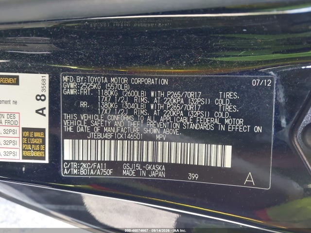 Продажа на аукционе авто 2012 Toyota Fj Cruiser, vin: JTEBU4BF1CK146501, номер лота: 46074667