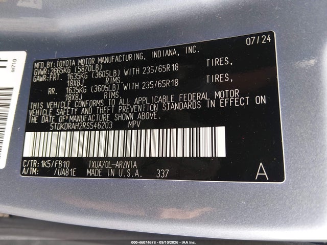 Продажа на аукционе авто 2024 Toyota Highlander Le, vin: 5TDKDRAH2RS546203, номер лота: 46074678