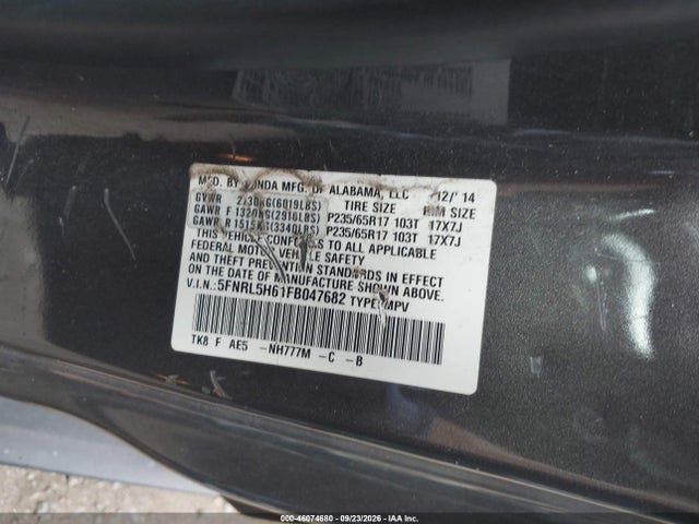 Aukcja sprzedaży 2015 Honda Odyssey Ex-l, vin: 5FNRL5H61FB047682, numer aukcji: 46074680