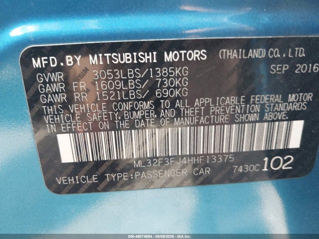 Продаж на аукціоні авто 2017 Mitsubishi Mirage G4 Es, vin: ML32F3FJ4HHF13375, номер лоту: 46074694