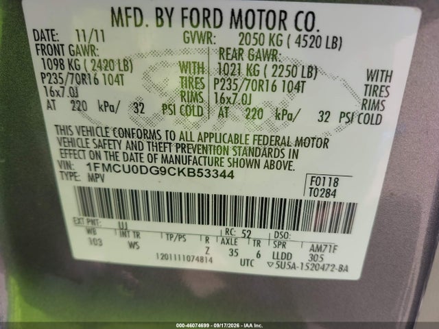 Продаж на аукціоні авто 2012 Ford Escape Xlt, vin: 1FMCU0DG9CKB53344, номер лоту: 46074699