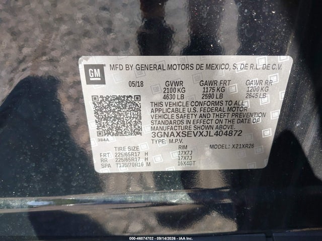 Продажа на аукционе авто 2018 Chevrolet Equinox Lt, vin: 3GNAXSEVXJL404872, номер лота: 46074702