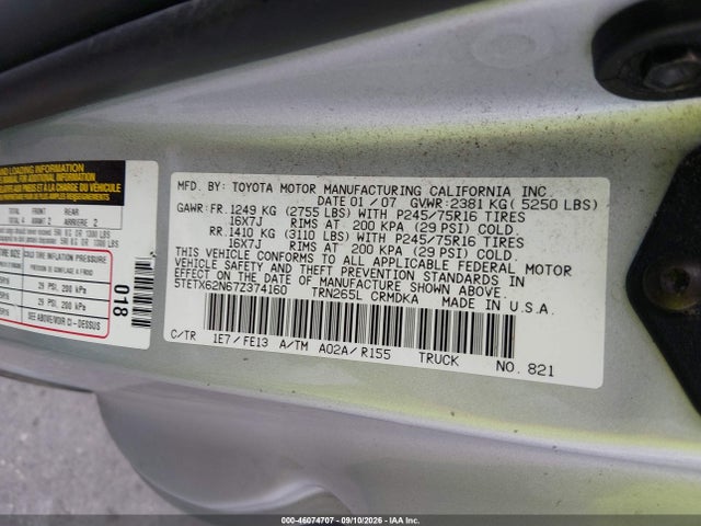 Продажа на аукционе авто 2007 Toyota Tacoma Prerunner, vin: 5TETX62N67Z374160, номер лота: 46074707