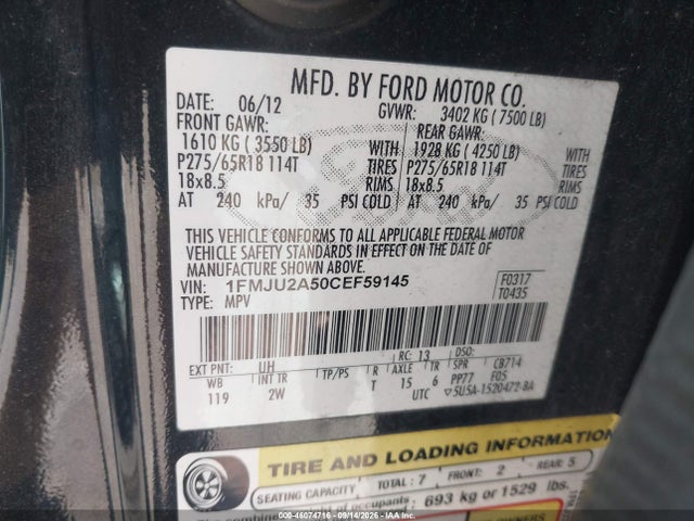 46074716 :رقم المزاد ، 1FMJU2A50CEF59145 vin ، 2012 Ford Expedition Limited مزاد بيع