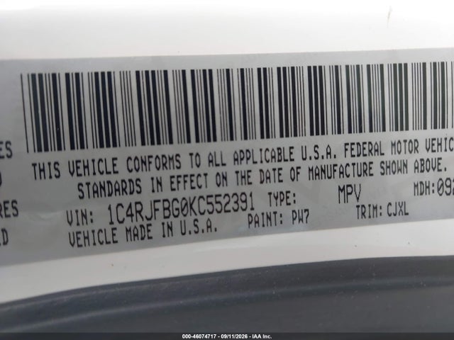 2019 Jeep Grand Cherokee Limited 4x4 მანქანა იყიდება აუქციონზე, vin: 1C4RJFBG0KC552391, აუქციონის ნომერი: 46074717