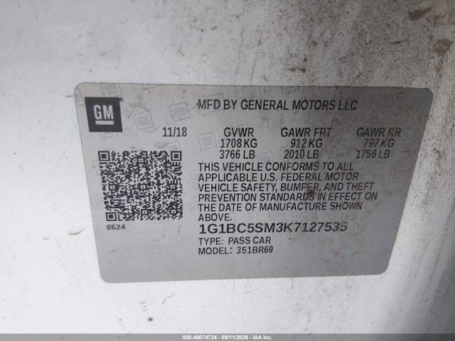 2019 Chevrolet Cruze Ls მანქანა იყიდება აუქციონზე, vin: 1G1BC5SM3K7127535, აუქციონის ნომერი: 46074724