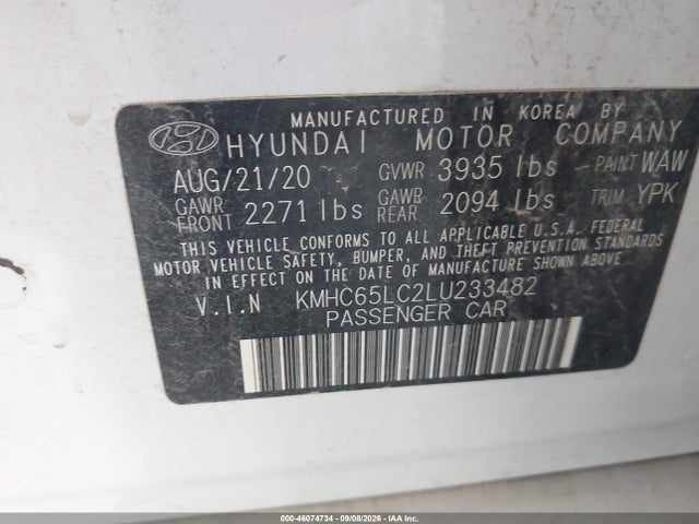 Aukcja sprzedaży 2020 Hyundai Ioniq Hybrid Blue, vin: KMHC65LC2LU233482, numer aukcji: 46074734