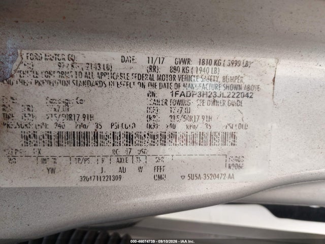 Продаж на аукціоні авто 2018 Ford Focus Sel, vin: 1FADP3H23JL222042, номер лоту: 46074739