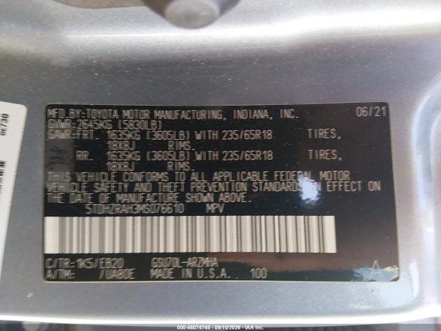 Aukcja sprzedaży 2021 Toyota Highlander Xle, vin: 5TDHZRAH3MS076610, numer aukcji: 46074745