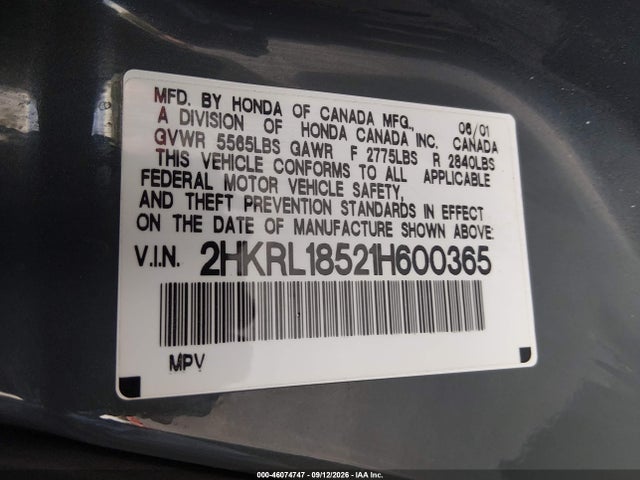 Aukcja sprzedaży 2001 Honda Odyssey Lx, vin: 2HKRL18521H600365, numer aukcji: 46074747