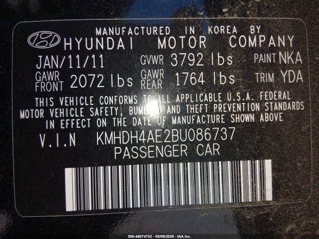 Продаж на аукціоні авто 2011 Hyundai Elantra Gls (ulsan Plant), vin: KMHDH4AE2BU086737, номер лоту: 46074752