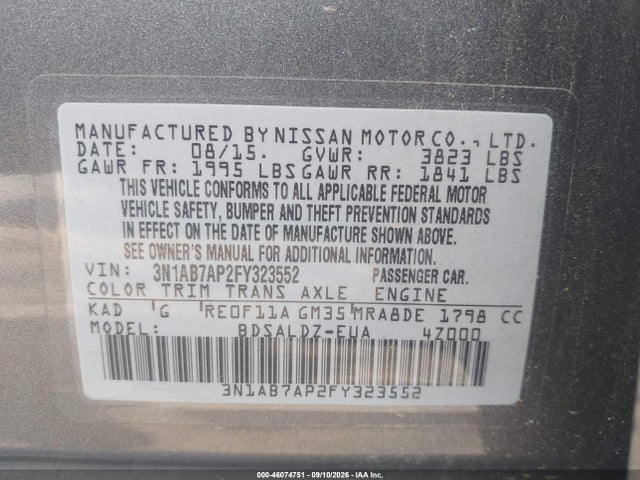 Aukcja sprzedaży 2015 Nissan Sentra Sv, vin: 3N1AB7AP2FY323552, numer aukcji: 46074751