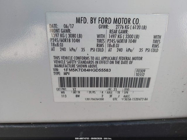 2017 Ford Explorer Xlt მანქანა იყიდება აუქციონზე, vin: 1FM5K7D84HGD55583, აუქციონის ნომერი: 46074753