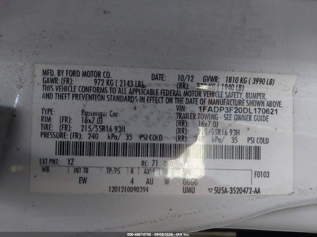 Продаж на аукціоні авто 2013 Ford Focus Se, vin: 1FADP3F20DL170621, номер лоту: 46074758