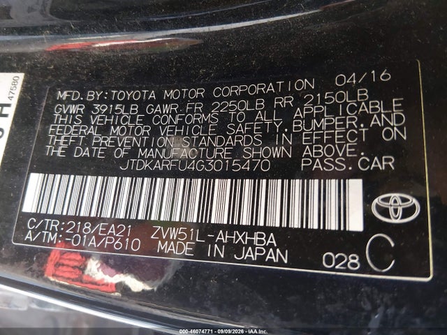46074771 :رقم المزاد ، JTDKARFU4G3015470 vin ، 2016 Toyota Prius مزاد بيع