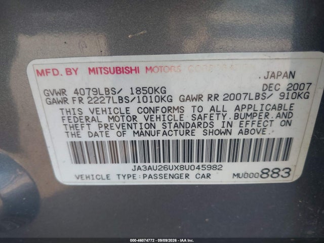 Aukcja sprzedaży 2008 Mitsubishi Lancer De/es, vin: JA3AU26UX8U045982, numer aukcji: 46074772
