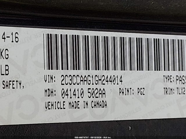 Aukcja sprzedaży 2016 Chrysler 300 Anniversary Edition, vin: 2C3CCAAG1GH244014, numer aukcji: 46074781