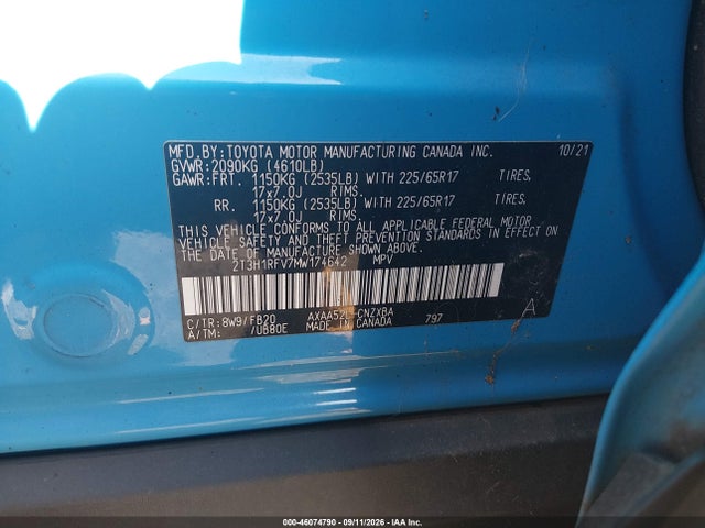 Aukcja sprzedaży 2021 Toyota Rav4 Le, vin: 2T3H1RFV7MW174642, numer aukcji: 46074790