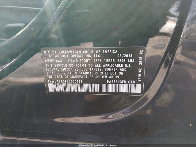 Продаж на аукціоні авто 2019 Volkswagen Passat 2.0t Wolfsburg Edition, vin: 1VWLA7A38KC000189, номер лоту: 46074795