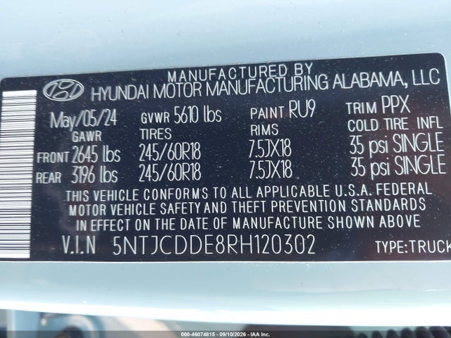 2024 Hyundai Santa Cruz Sel მანქანა იყიდება აუქციონზე, vin: 5NTJCDDE8RH120302, აუქციონის ნომერი: 46074815
