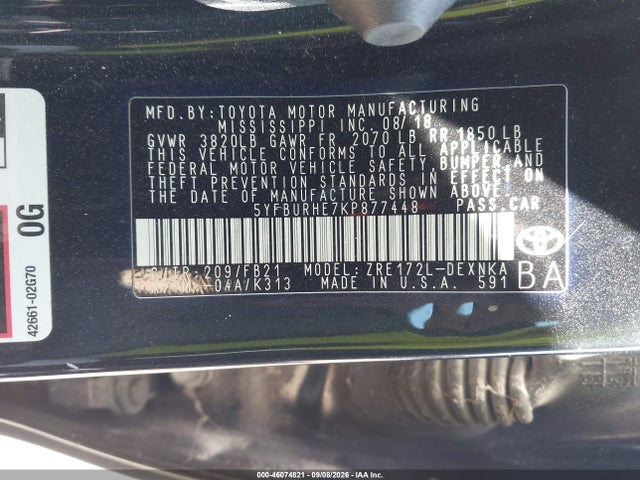 Продаж на аукціоні авто 2019 Toyota Corolla Le, vin: 5YFBURHE7KP877448, номер лоту: 46074821