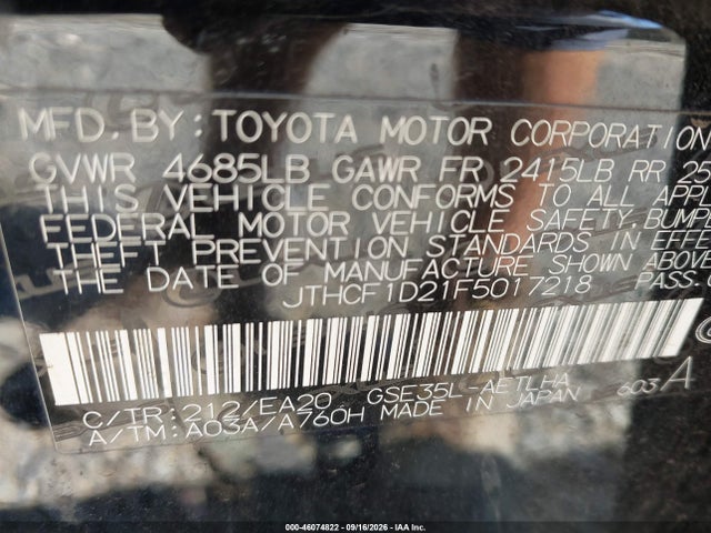 Aukcja sprzedaży 2015 Lexus Is 250, vin: JTHCF1D21F5017218, numer aukcji: 46074822