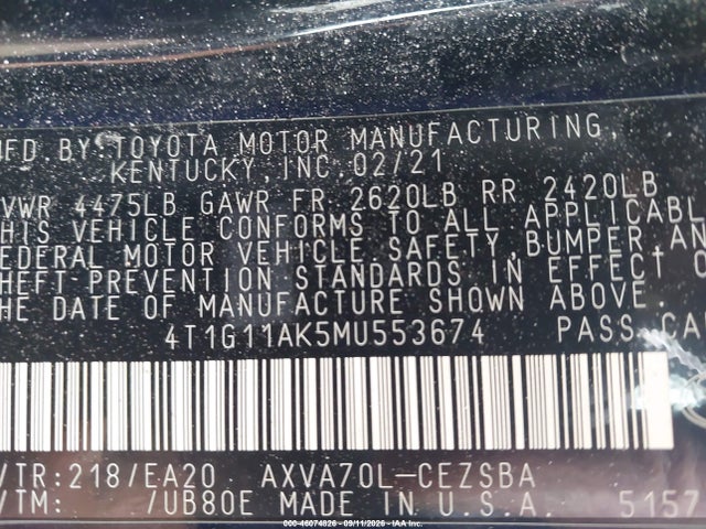 Aukcja sprzedaży 2021 Toyota Camry Se, vin: 4T1G11AK5MU553674, numer aukcji: 46074826