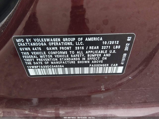 Продаж на аукціоні авто 2013 Volkswagen Passat 2.5l Se, vin: 1VWBP7A33DC045084, номер лоту: 46074832