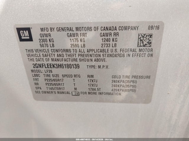 Aukcja sprzedaży 2017 Chevrolet Equinox Ls, vin: 2GNFLEEK3H6180139, numer aukcji: 46074833