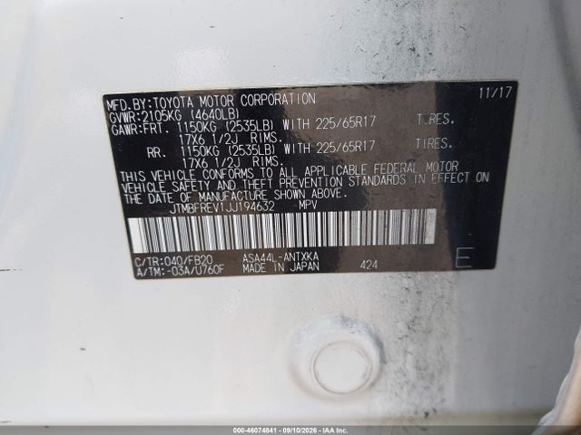 Aukcja sprzedaży 2018 Toyota Rav4 Le, vin: JTMBFREV1JJ194632, numer aukcji: 46074841