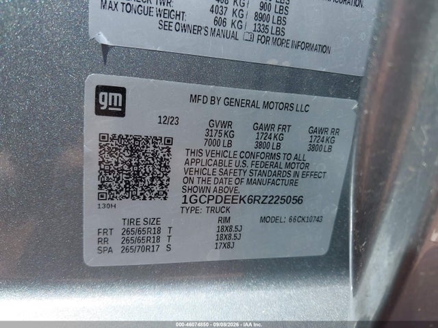 2024 Chevrolet Silverado 1500 მანქანა იყიდება აუქციონზე, vin: 1GCPDEEK6RZ225056, აუქციონის ნომერი: 46074850