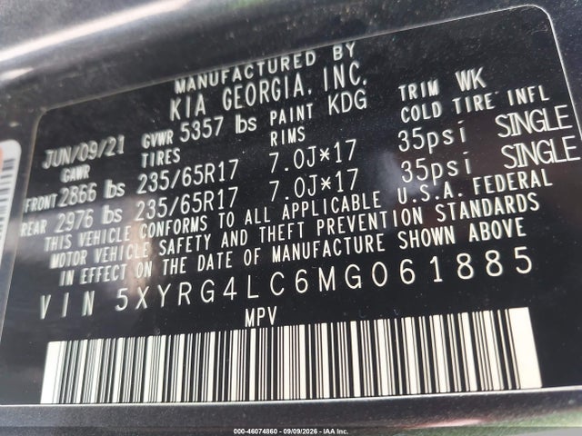 46074860 :رقم المزاد ، 5XYRG4LC6MG061885 vin ، 2021 Kia Sorento Lx مزاد بيع