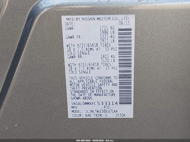 Продажа на аукционе авто 2015 Infiniti Qx60, vin: 5N1AL0MMXFC533114, номер лота: 46074863