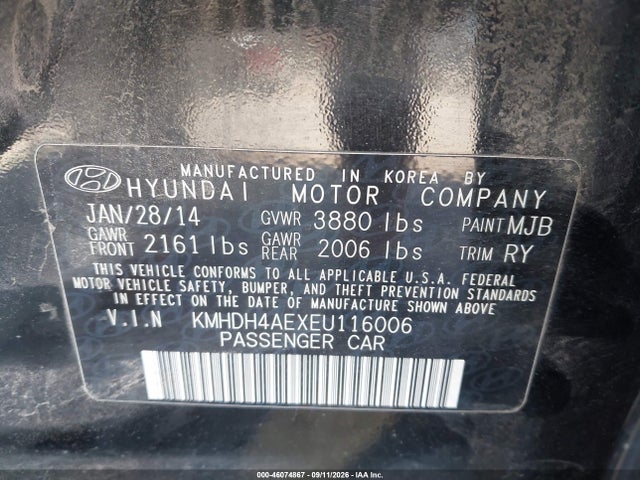 46074867 :رقم المزاد ، KMHDH4AEXEU116006 vin ، 2014 Hyundai Elantra Limited مزاد بيع