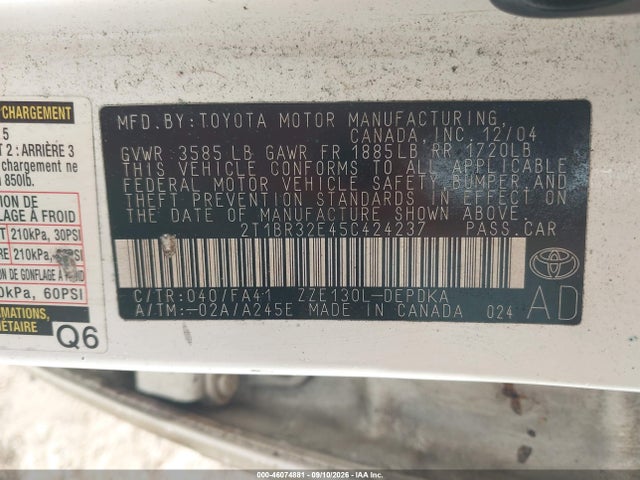 46074881 :رقم المزاد ، 2T1BR32E45C424237 vin ، 2005 Toyota Corolla Ce مزاد بيع