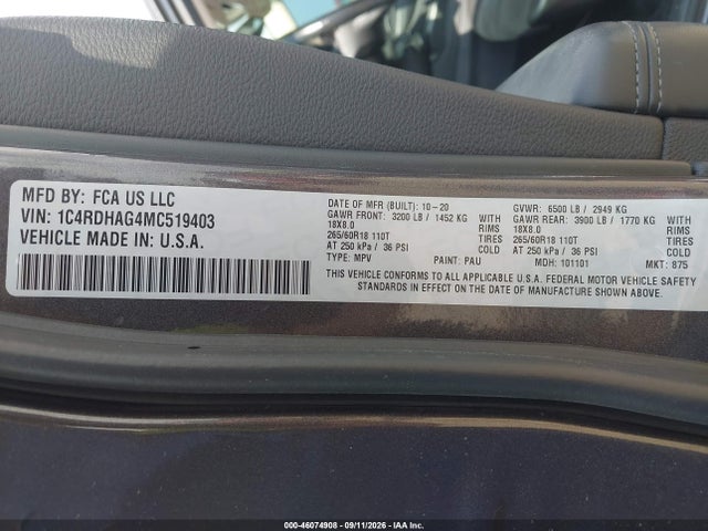 Aukcja sprzedaży 2021 Dodge Durango Sxt Rwd, vin: 1C4RDHAG4MC519403, numer aukcji: 46074908