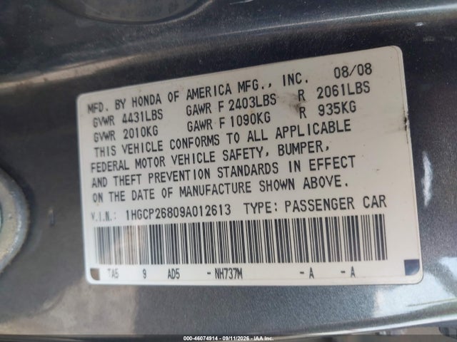 2009 Honda Accord 2.4 Ex-l მანქანა იყიდება აუქციონზე, vin: 1HGCP26809A012613, აუქციონის ნომერი: 46074914