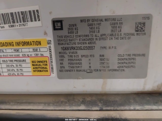 46074917 :رقم المزاد ، 1GKKVRKD3GJ230557 vin ، 2016 Gmc Acadia Slt-1 مزاد بيع