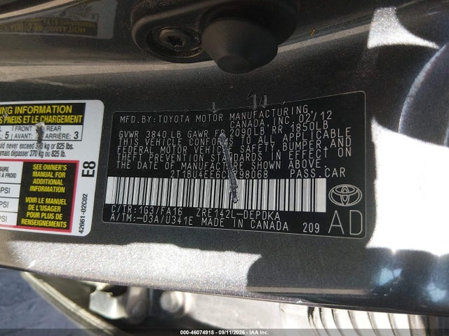 46074918 :رقم المزاد ، 2T1BU4EE6CC798068 vin ، 2012 Toyota Corolla L مزاد بيع