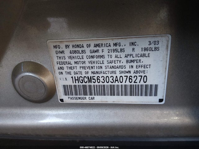 Aukcja sprzedaży 2003 Honda Accord 2.4 Lx, vin: 1HGCM56303A076270, numer aukcji: 46074922