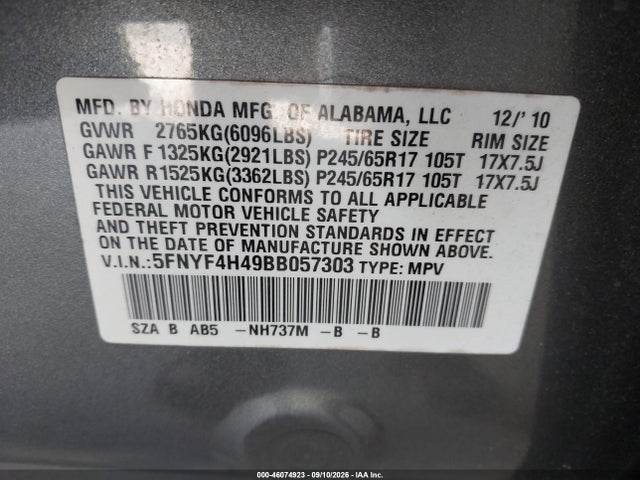 2011 Honda Pilot Ex მანქანა იყიდება აუქციონზე, vin: 5FNYF4H49BB057303, აუქციონის ნომერი: 46074923