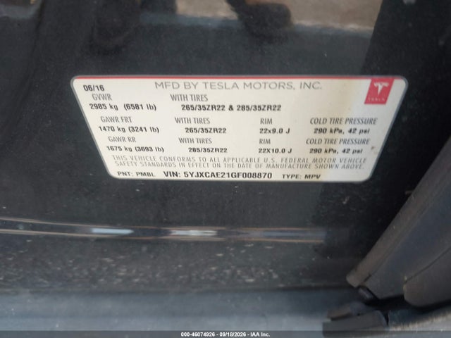 Продаж на аукціоні авто 2016 Tesla Model X 60d/70d/75d/90d, vin: 5YJXCAE21GF008870, номер лоту: 46074926
