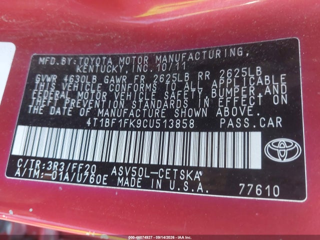 Aukcja sprzedaży 2012 Toyota Camry Se, vin: 4T1BF1FK9CU513858, numer aukcji: 46074927
