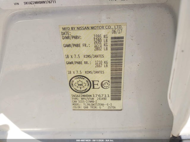 Aukcja sprzedaży 2017 Nissan Murano Platinum/s/sl/sv, vin: 5N1AZ2MH0HN176711, numer aukcji: 46074929