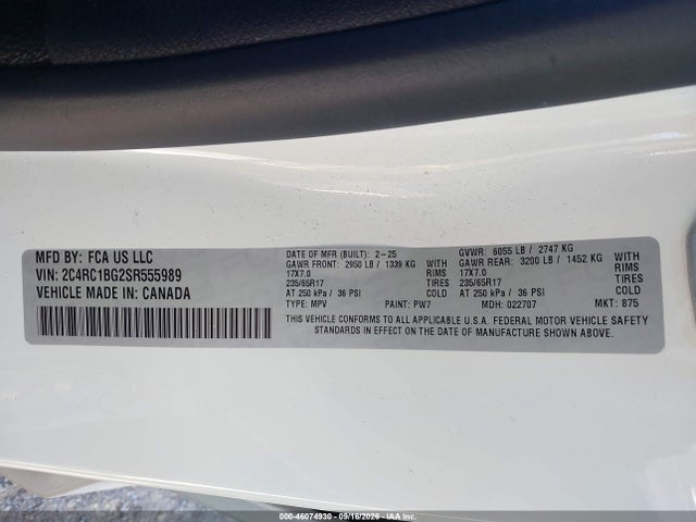 46074930 :رقم المزاد ، 2C4RC1BG2SR555989 vin ، 2025 Chrysler Pacifica Select مزاد بيع