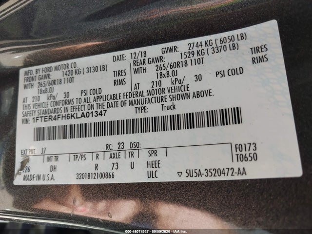 Aukcja sprzedaży 2019 Ford Ranger Lariat, vin: 1FTER4FH6KLA01347, numer aukcji: 46074937
