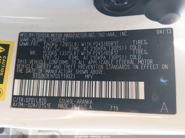 Продажа на аукционе авто 2013 Toyota Highlander Se V6, vin: 5TDZK3EH7DS119023, номер лота: 46074944