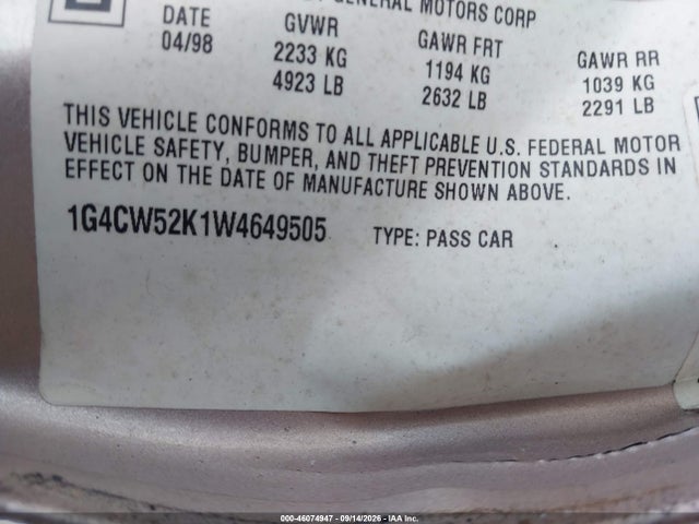 Продаж на аукціоні авто 1998 Buick Park Avenue, vin: 1G4CW52K1W4649505, номер лоту: 46074947