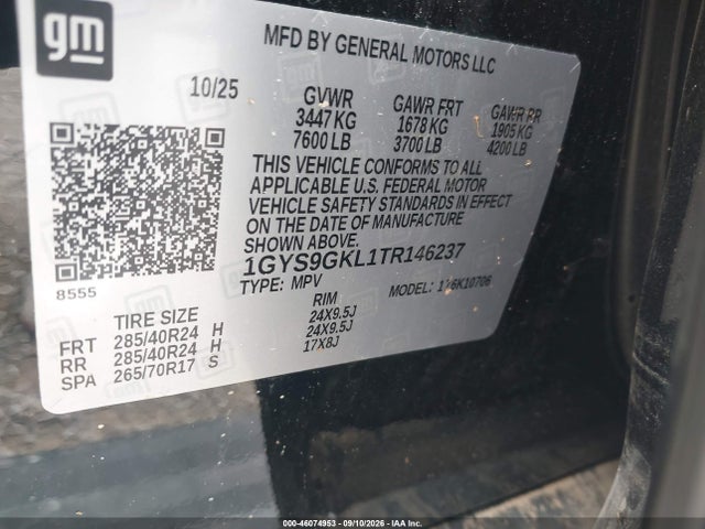 2026 Cadillac Escalade Platinum Sport მანქანა იყიდება აუქციონზე, vin: 1GYS9GKL1TR146237, აუქციონის ნომერი: 46074953